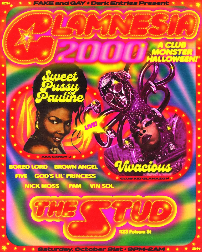 Artwork for FAKE and GAY x Dark Entries: GLAMNESIA 2000 with Sweet Pussy Pauline + Vivacious
